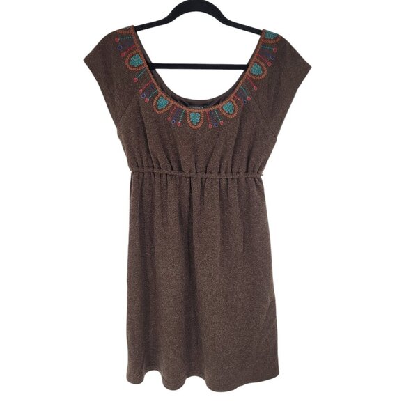 Theme Medium brown wool blend teal pink blue embroidered neckline fit flare - Picture 1 of 10